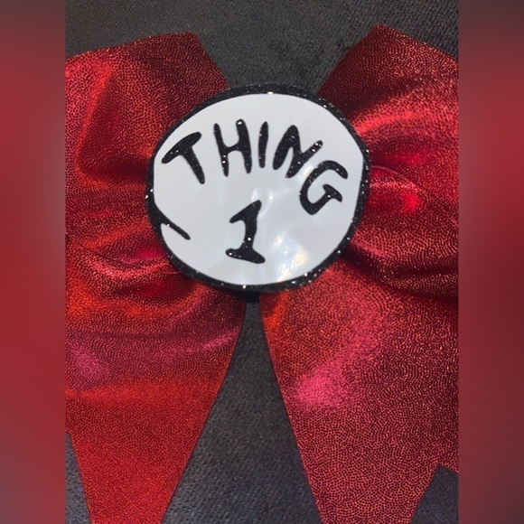 THING 1 DR SEUSS CHEER BOW Red Glitter Hair Tie Rubber Band Metallic Girl Women - Picture 6 of 6